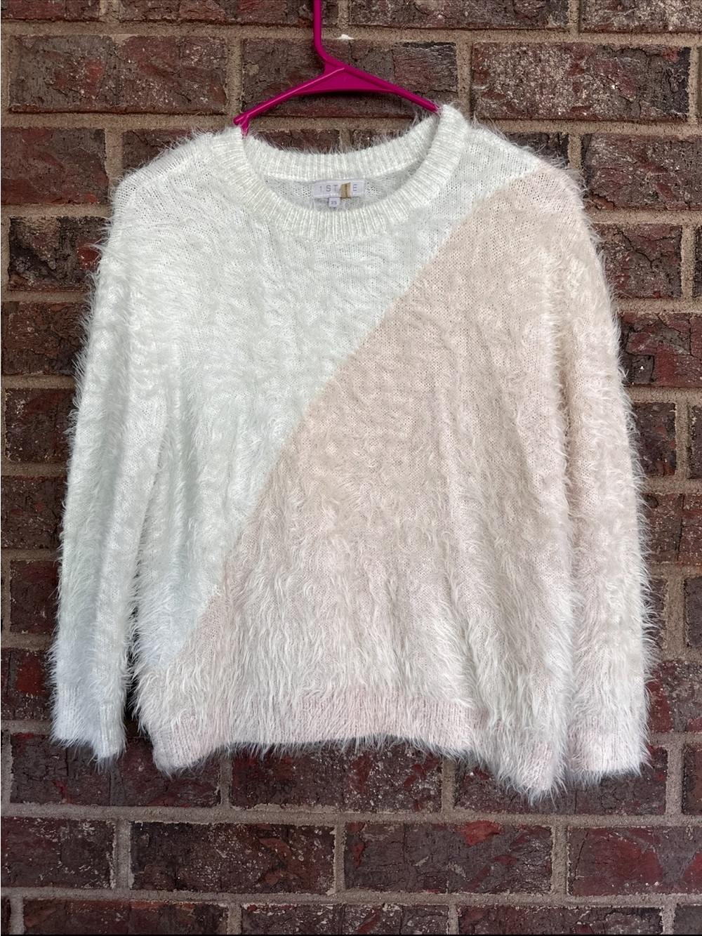 1.STATE Fluffy Eyelash Knit Colorblock Sweater Cream Nude XS Coquette Soft Girl